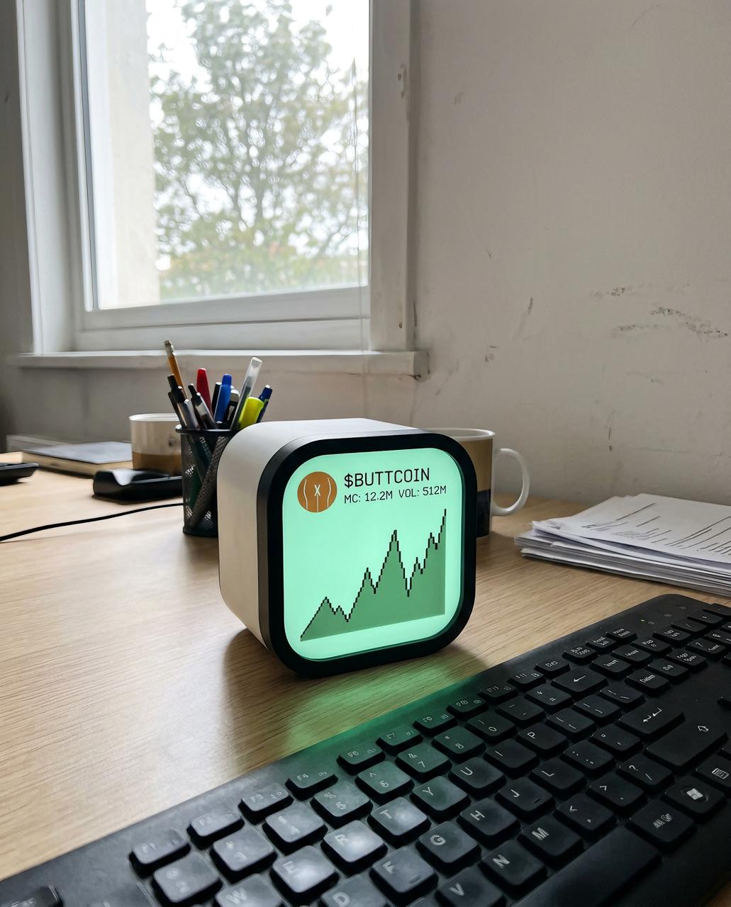 Cube on a bright desk next to a keyboard