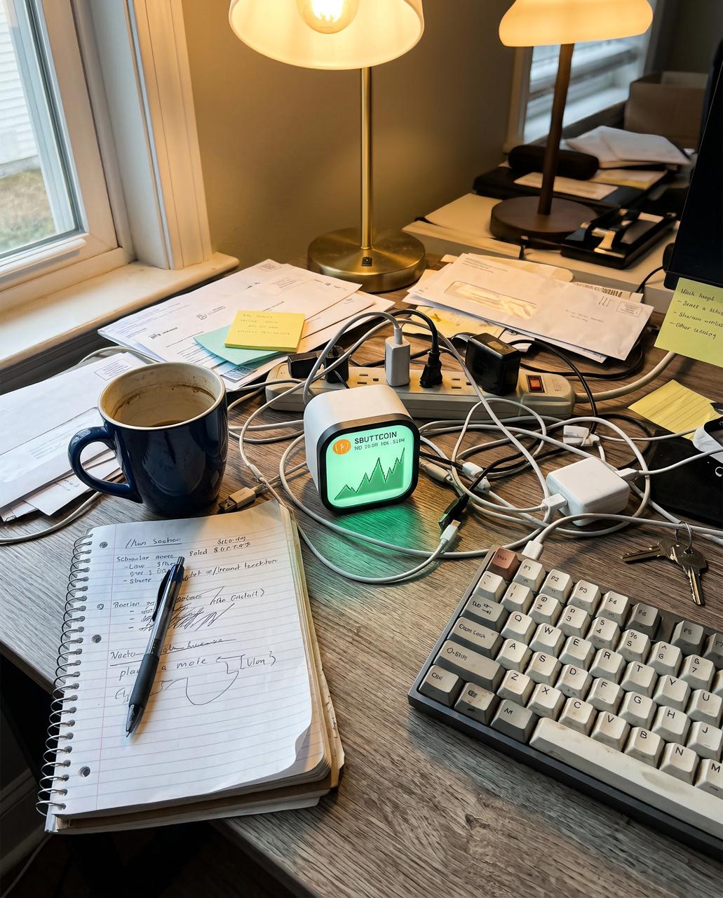 Cube among cables, coffee and notes on a busy desk