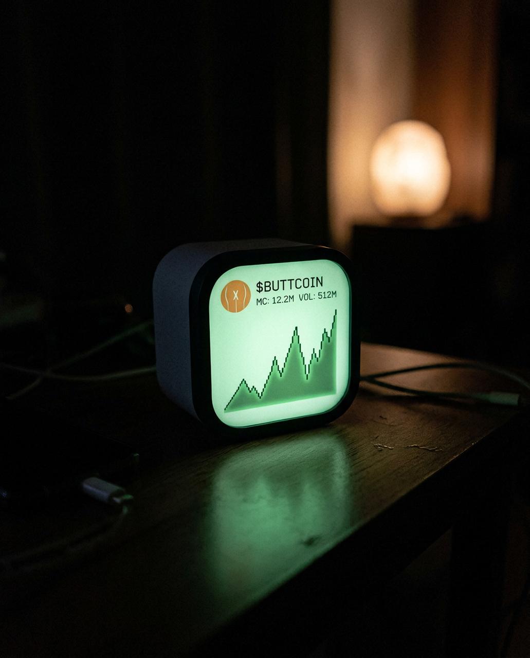 Cube glowing on a wooden desk at night