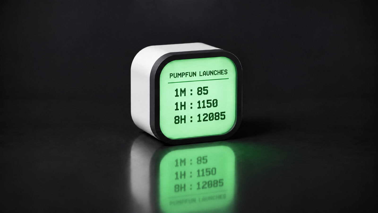 Cube showing pump.fun launch counts: 85 in the last minute, 1150 in the last hour, 12085 in eight hours